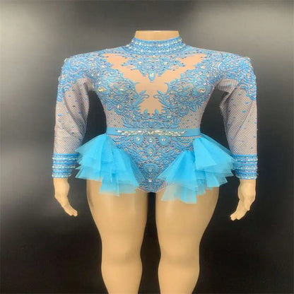 Sexy Shiny Rhinestone Mesh Performance Leotard