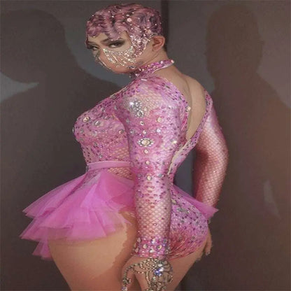 Sexy Shiny Rhinestone Mesh Performance Leotard