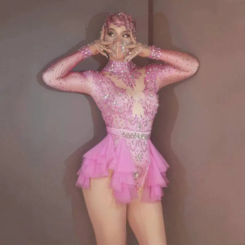 Sexy Shiny Rhinestone Mesh Performance Leotard