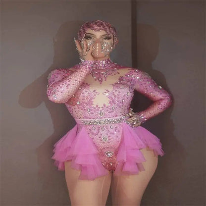 Sexy Shiny Rhinestone Mesh Performance Leotard