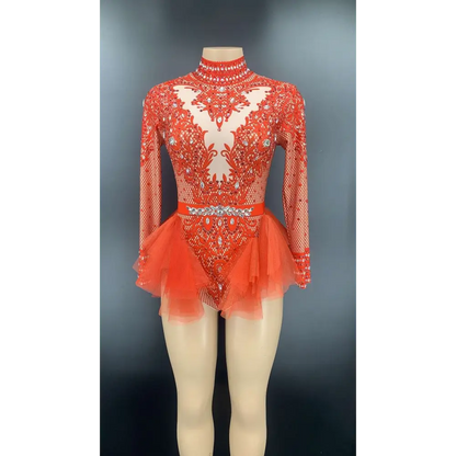 Sexy Shiny Rhinestone Mesh Performance Leotard