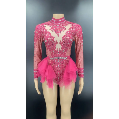 Sexy Shiny Rhinestone Mesh Performance Leotard