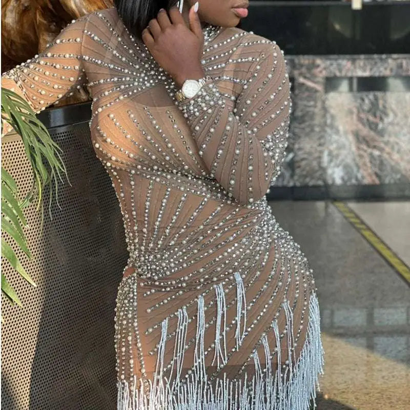 Sheer Beaded Tassel Dress Birthday Party Long Sleeve
