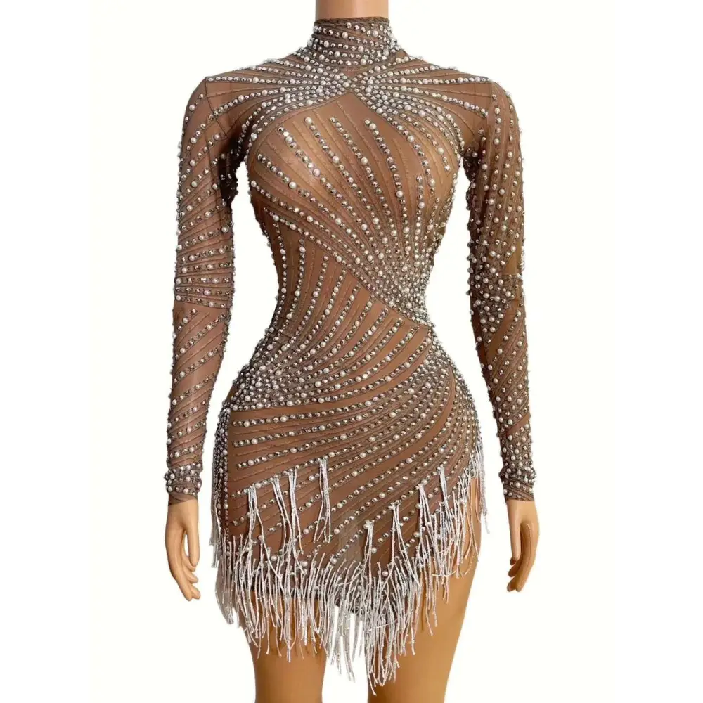 Sheer Beaded Tassel Dress Birthday Party Long Sleeve
