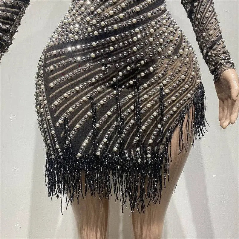Sheer Beaded Tassel Dress Birthday Party Long Sleeve