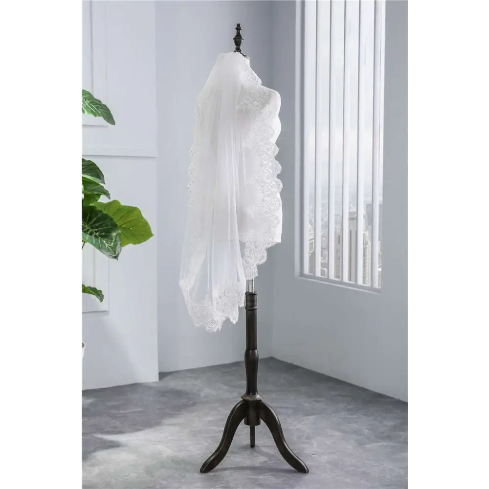 Short Veil Soft Mesh Sequined Lace White Ivory