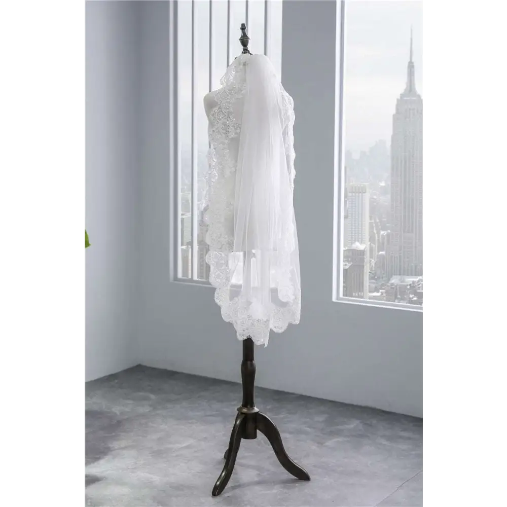Short Veil Soft Mesh Sequined Lace White Ivory