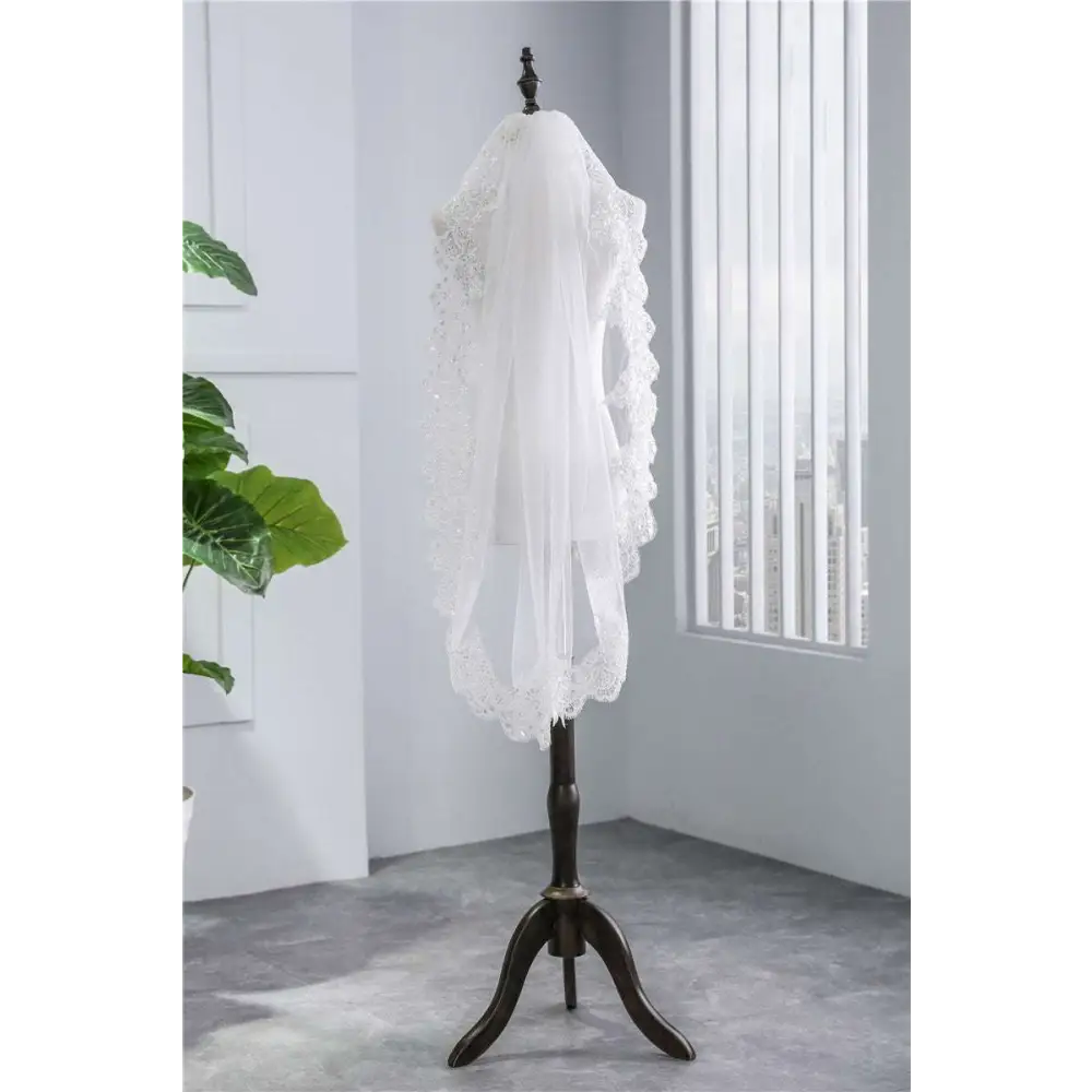 Short Veil Soft Mesh Sequined Lace White Ivory