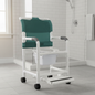 MJM International 118-3TW-DDA-SF-SQ-PAIL Shower chair 18" internal width, open front seat, 3" twin casters, with double drop arms, slide out footrest and 10 qt slide out square commode pail, 300 lbs weight capacity