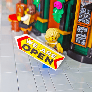Spinner Sign "We Are Open" - Custom Printed Minifig Scale - Made Using LEGO® parts