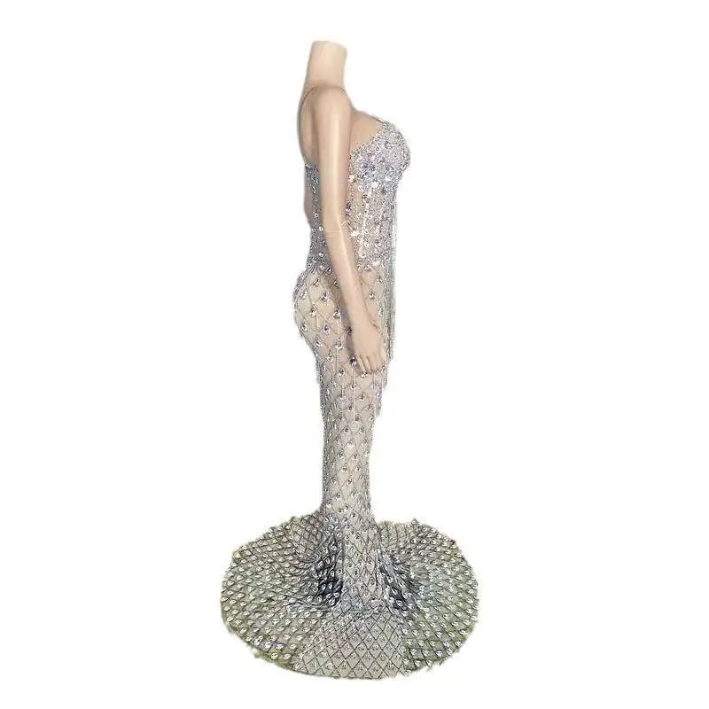 Silver Beaded Sexy Elegant Fishtail Gown