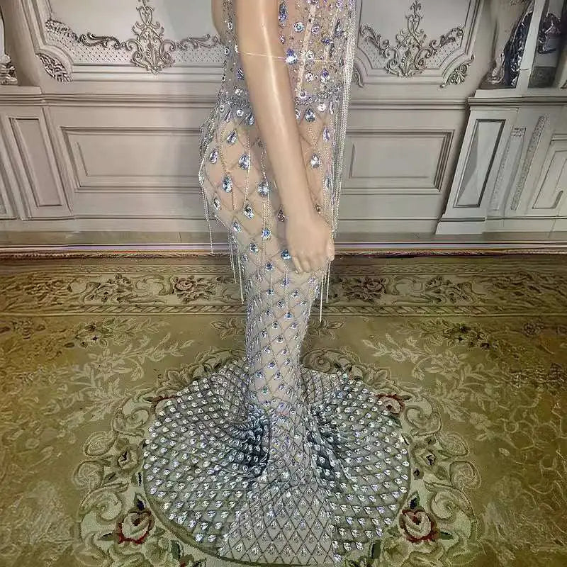 Silver Beaded Sexy Elegant Fishtail Gown