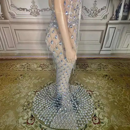 Silver Beaded Sexy Elegant Fishtail Gown