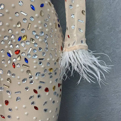 Silver Feathered Rhinestone Mesh Stretch Slim Dress