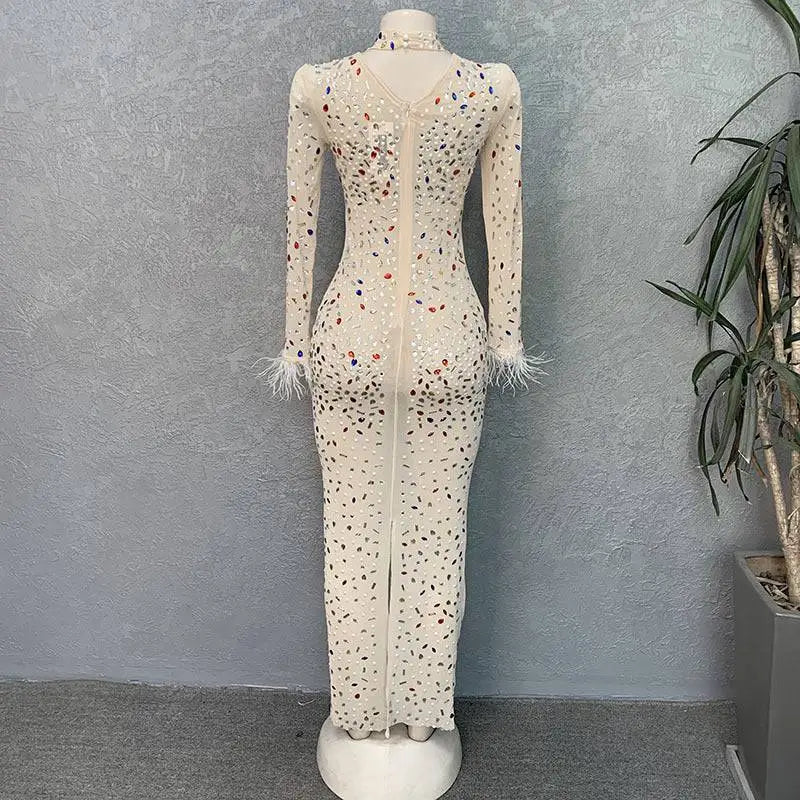 Silver Feathered Rhinestone Mesh Stretch Slim Dress