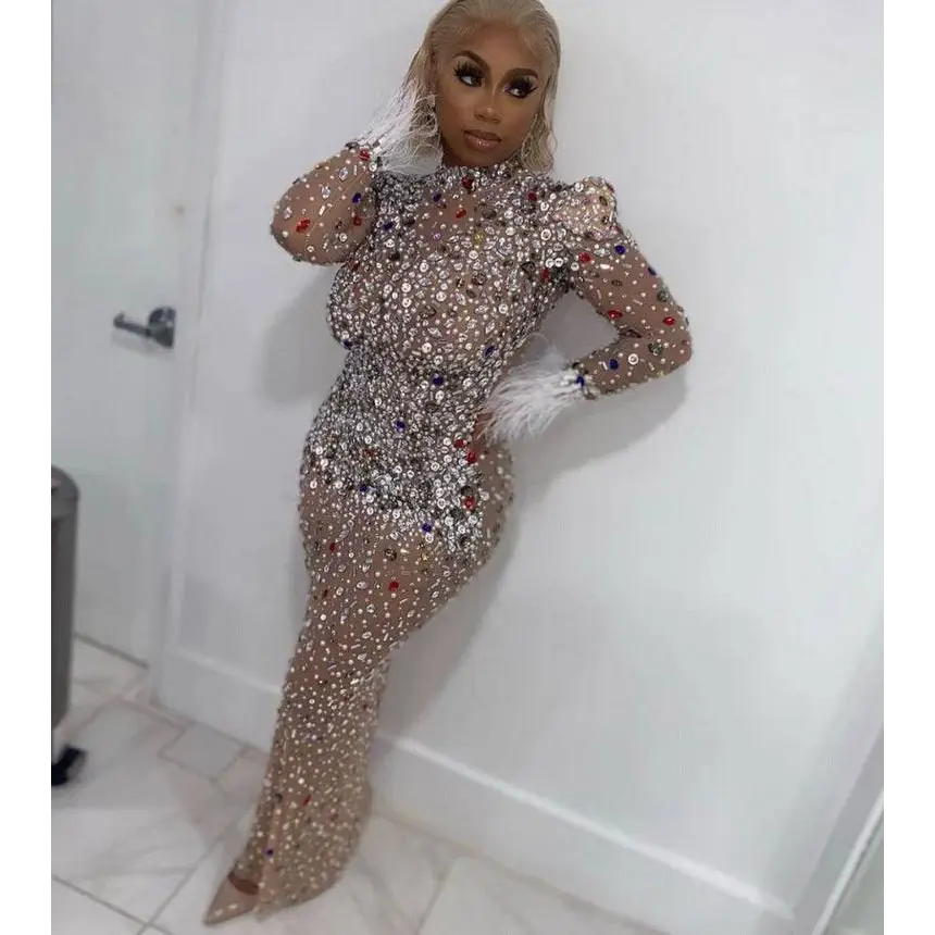 Silver Feathered Rhinestone Mesh Stretch Slim Dress