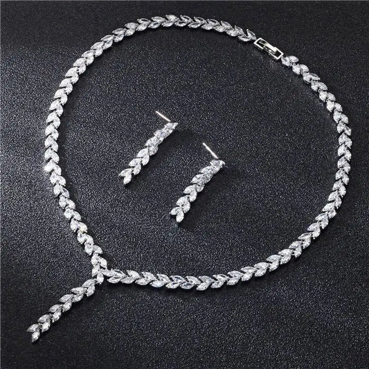 Silver Leaf Cubic Zirconia Wedding Earrings Jewelry Set