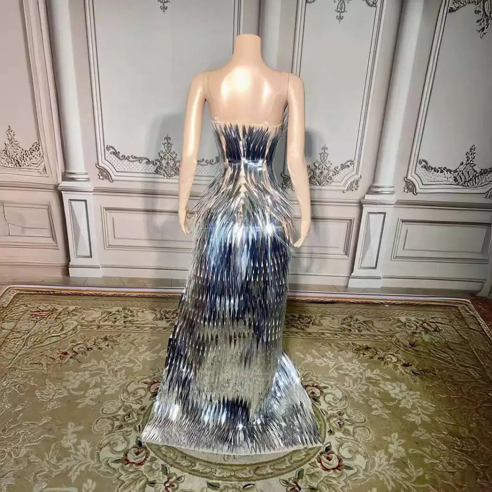 Silver Metallic Sequined Stage Advanced Light Luxury Evening Dress