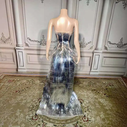 Silver Metallic Sequined Stage Advanced Light Luxury Evening Dress