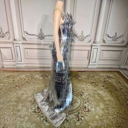 Silver Metallic Sequined Stage Advanced Light Luxury Evening Dress