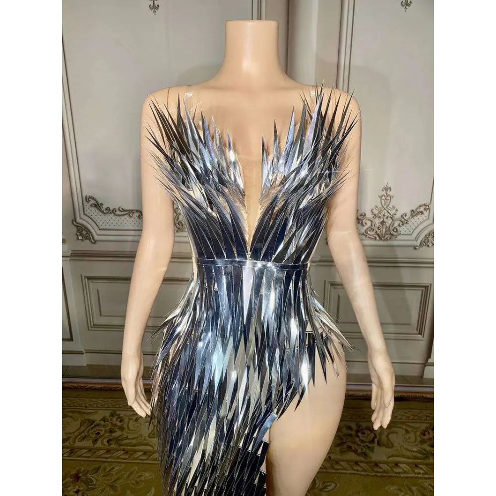 Silver Metallic Sequined Stage Advanced Light Luxury Evening Dress