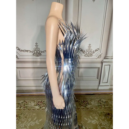 Silver Metallic Sequined Stage Advanced Light Luxury Evening Dress