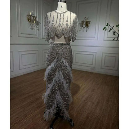 Silver Nude Feathered Evening Dress