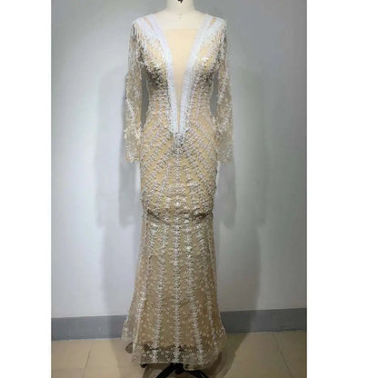 Silver Sequined Backless Tight Fishtail Gown