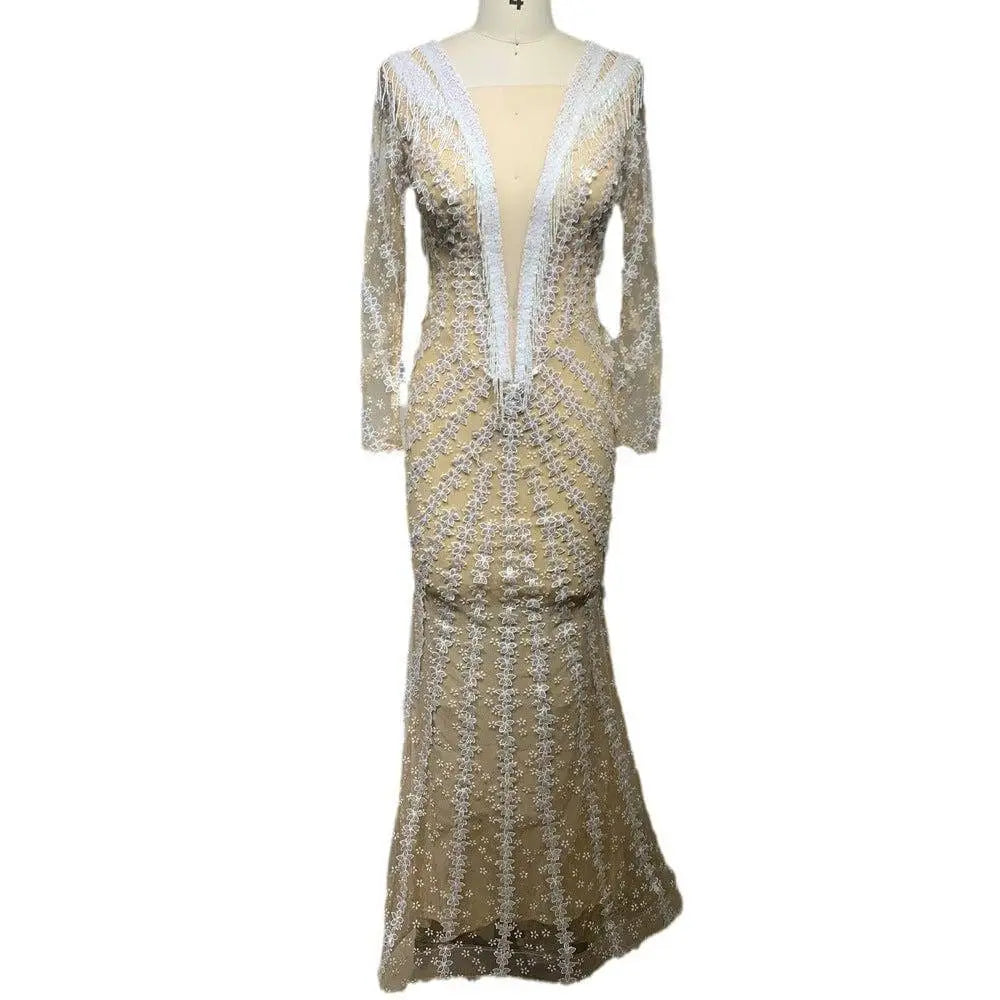 Silver Sequined Backless Tight Fishtail Gown