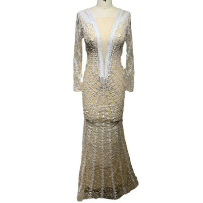 Silver Sequined Backless Tight Fishtail Gown