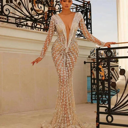 Silver Sequined Backless Tight Fishtail Gown