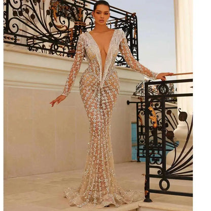 Silver Sequined Backless Tight Fishtail Gown