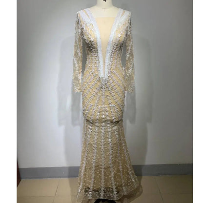 Silver Sequined Backless Tight Fishtail Gown