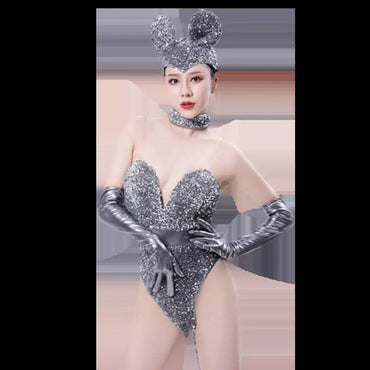 Silver Sequined Mouse Bar Women's Costumes with Gloves and Tail