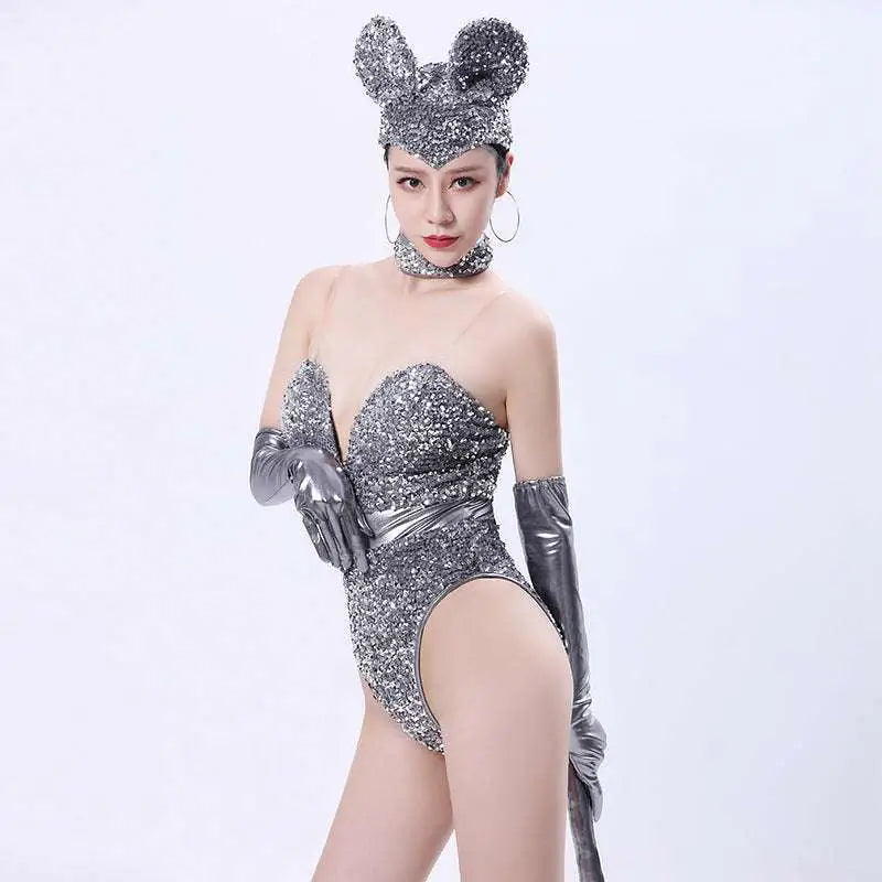 Silver Sequined Mouse Bar Women's Costumes with Gloves and Tail