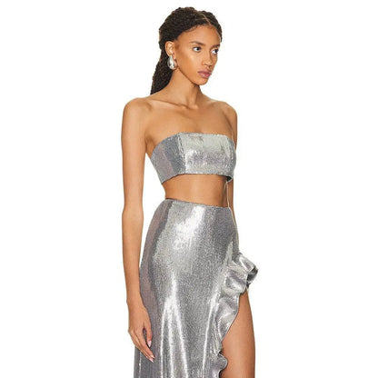 Silver Strapless Sequin Skirt Set