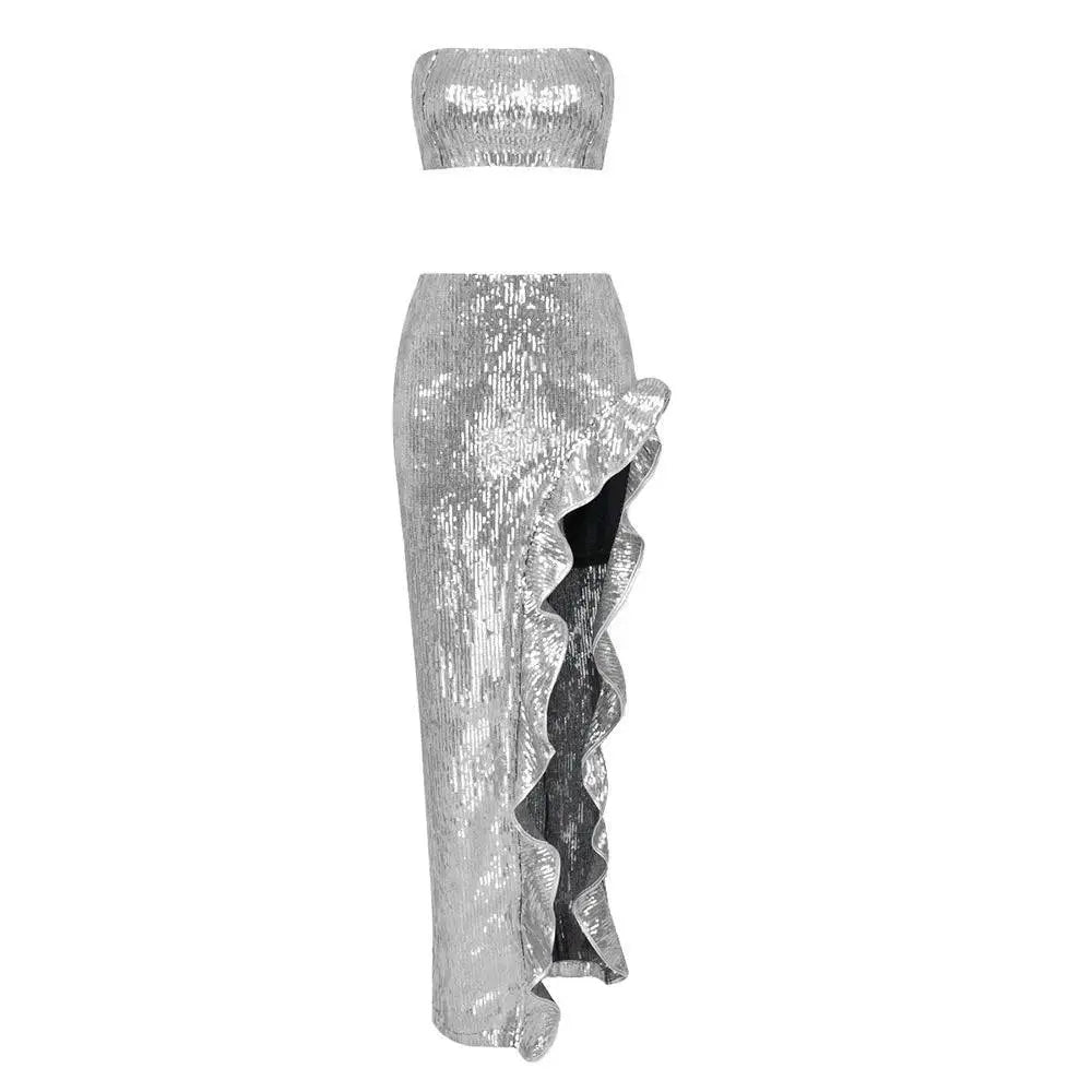 Silver Strapless Sequin Skirt Set