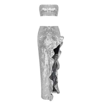 Silver Strapless Sequin Skirt Set