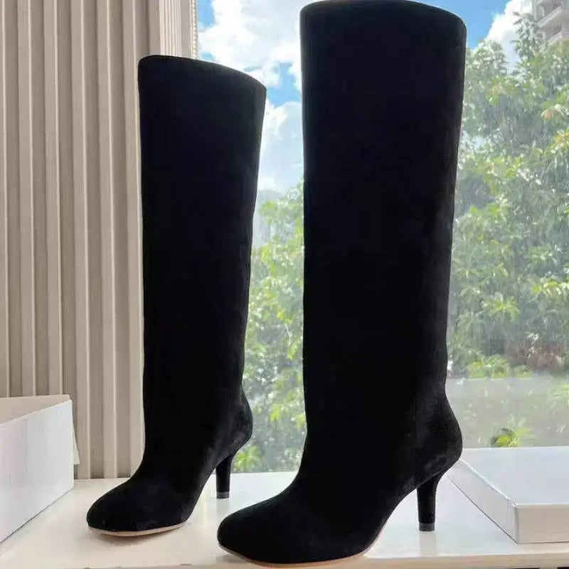 Simple Stitching Square Head Black Knee High Boots