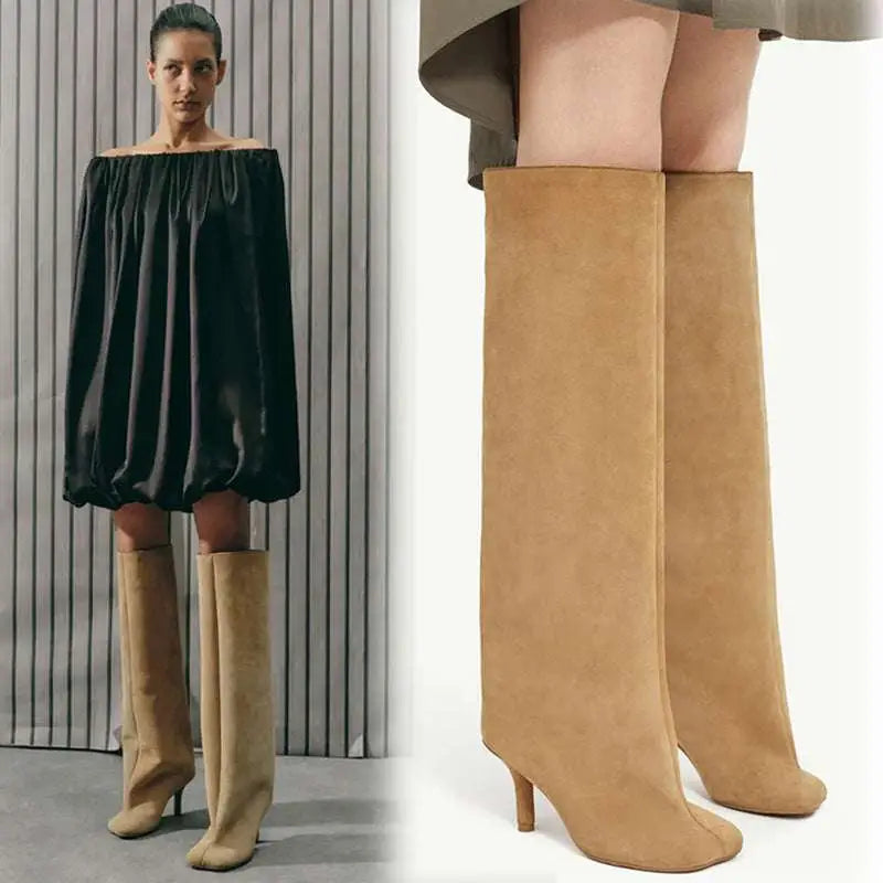 Simple Stitching Square Head Black Knee High Boots