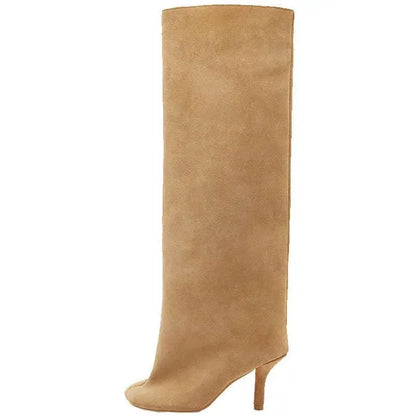 Simple Stitching Square Head Black Knee High Boots