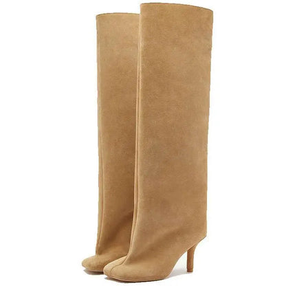 Simple Stitching Square Head Black Knee High Boots