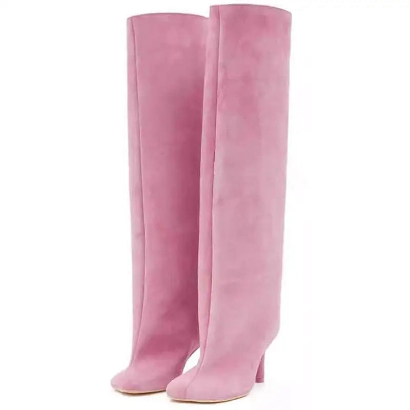 Simple Stitching Square Head Black Knee High Boots