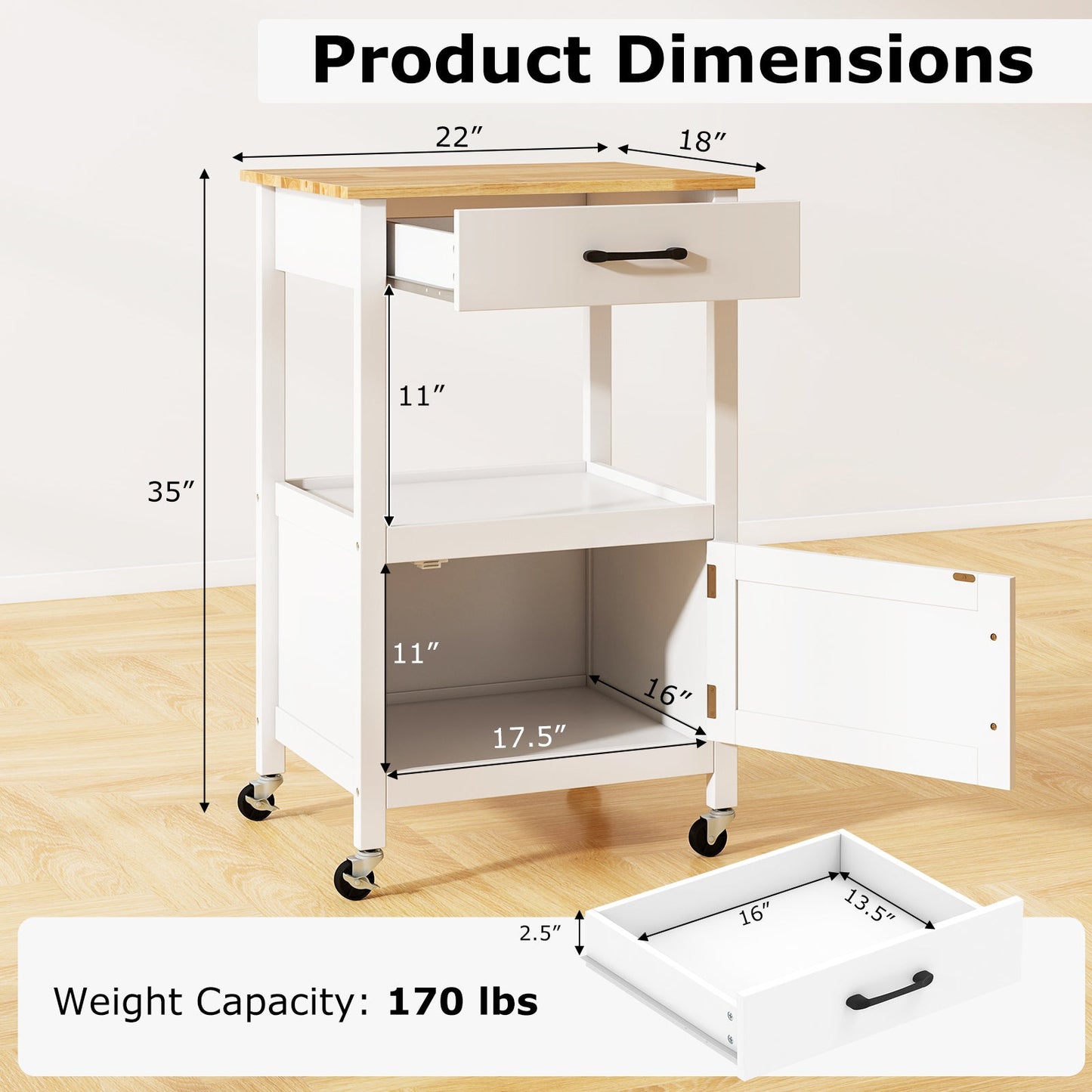 Rolling Kitchen Island Cart with Drawer and Side Hooks