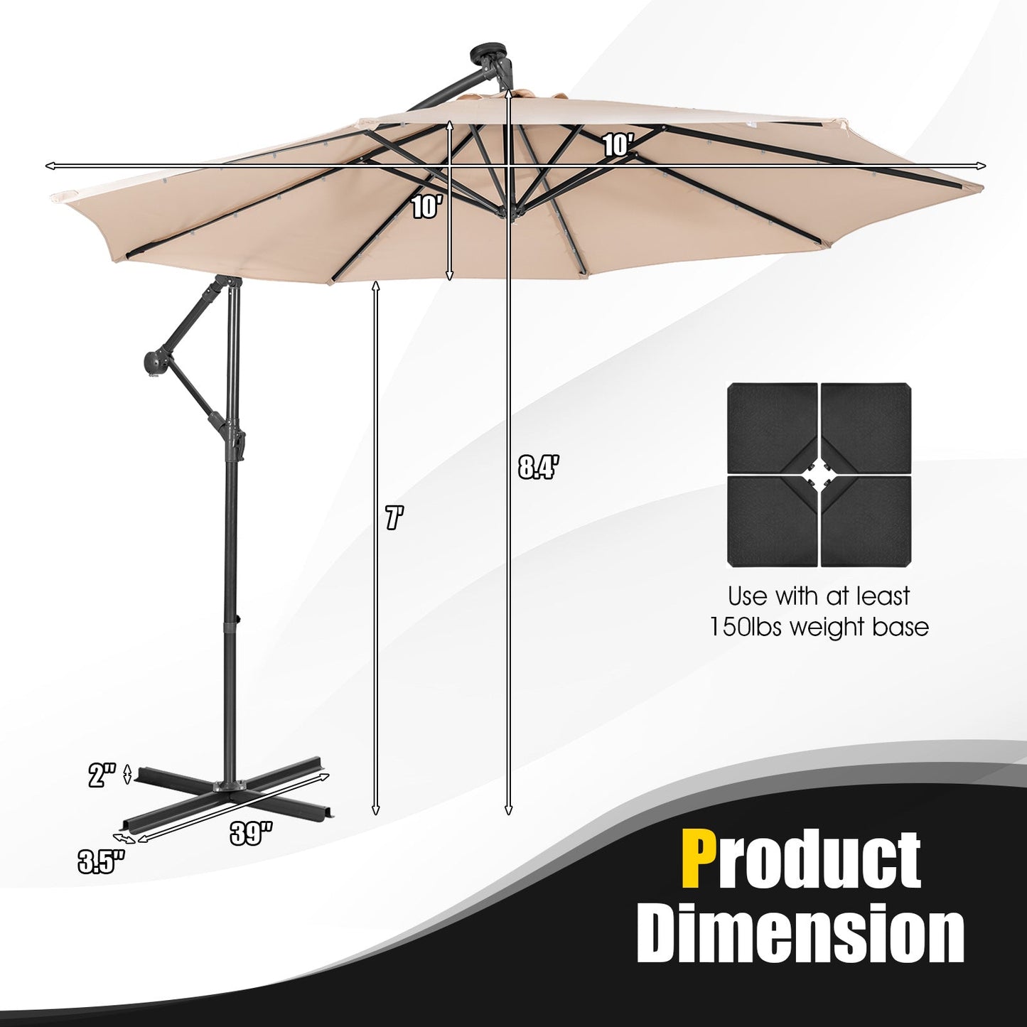 10 Feet Patio Solar Powered Cantilever Umbrella with Tilting System