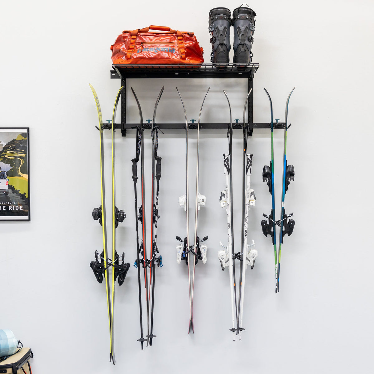 Lone Peak Ski Rack + Shelf | Adjustable Wall Storage System | Holds 5 Pairs of Skis