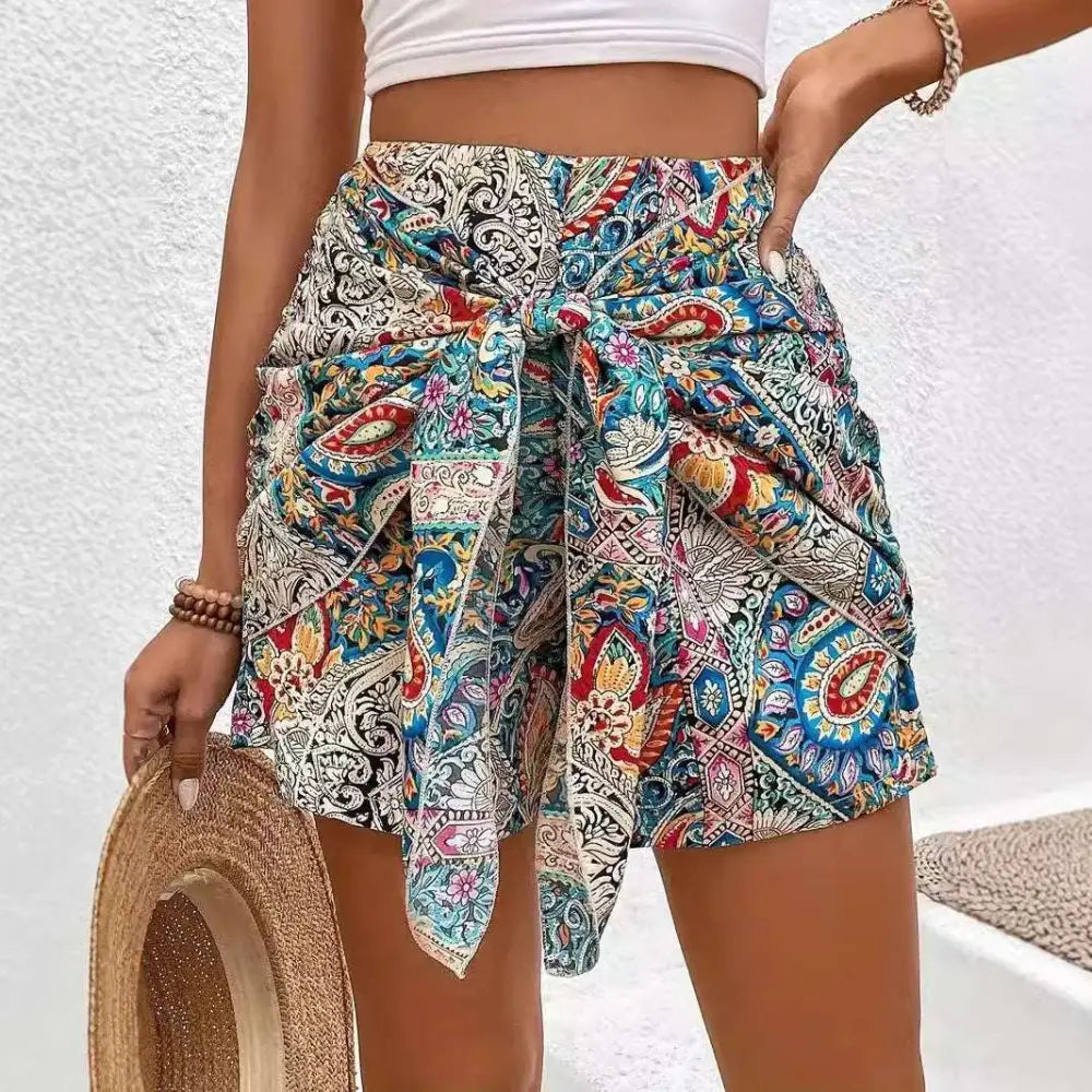 Slimming Lace Up Printed Irregular Skirt