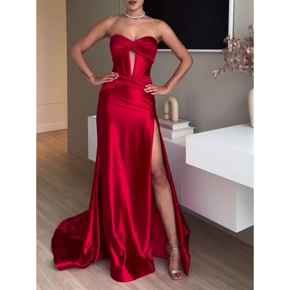 Slit Red Extra Long Satin Strapless Evening Dress