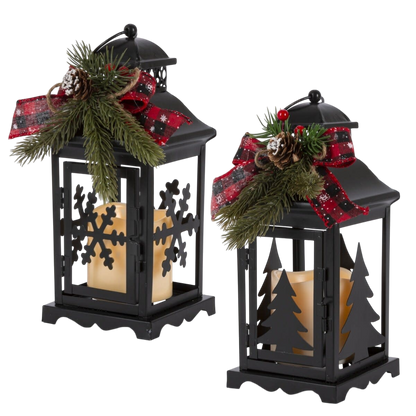10.5-Inch Lighted Metal Lanterns with Timer (Set of 2)