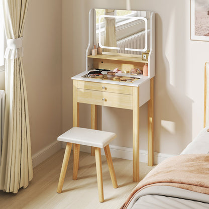 Small Vanity Desk Set with Adjustable LED Lighted Mirror and Power Outlets-White